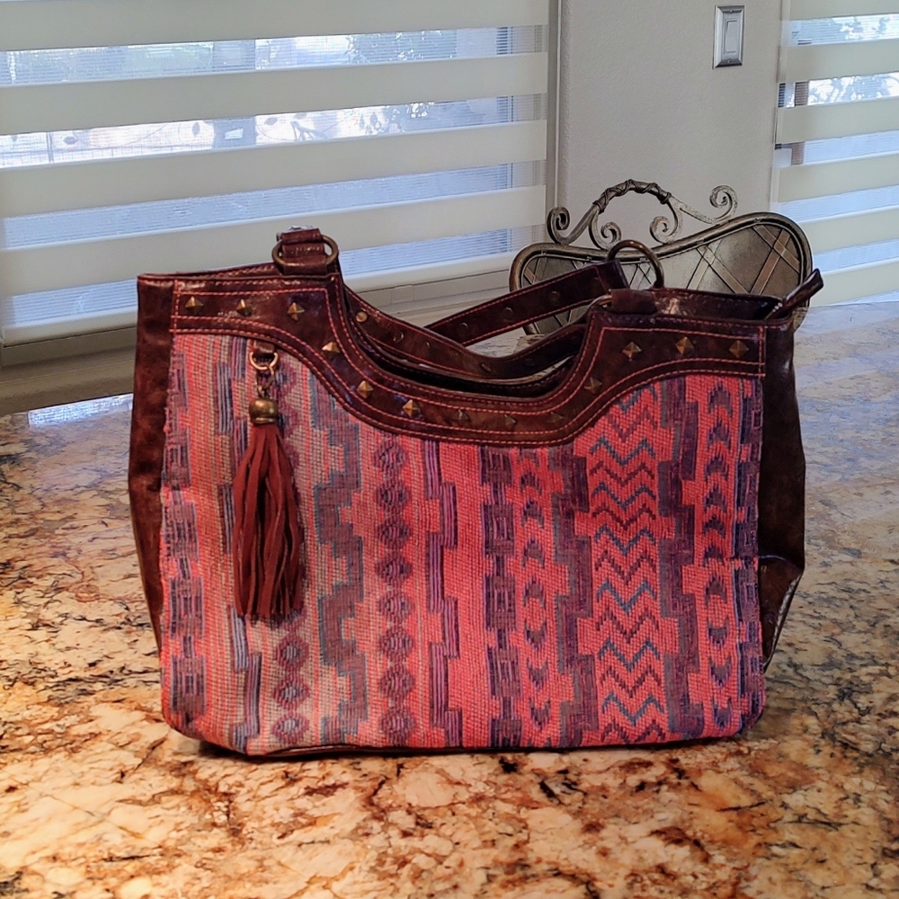 Catchfly Aztec woven tapestry tote/shoulder bag with faux leather trim